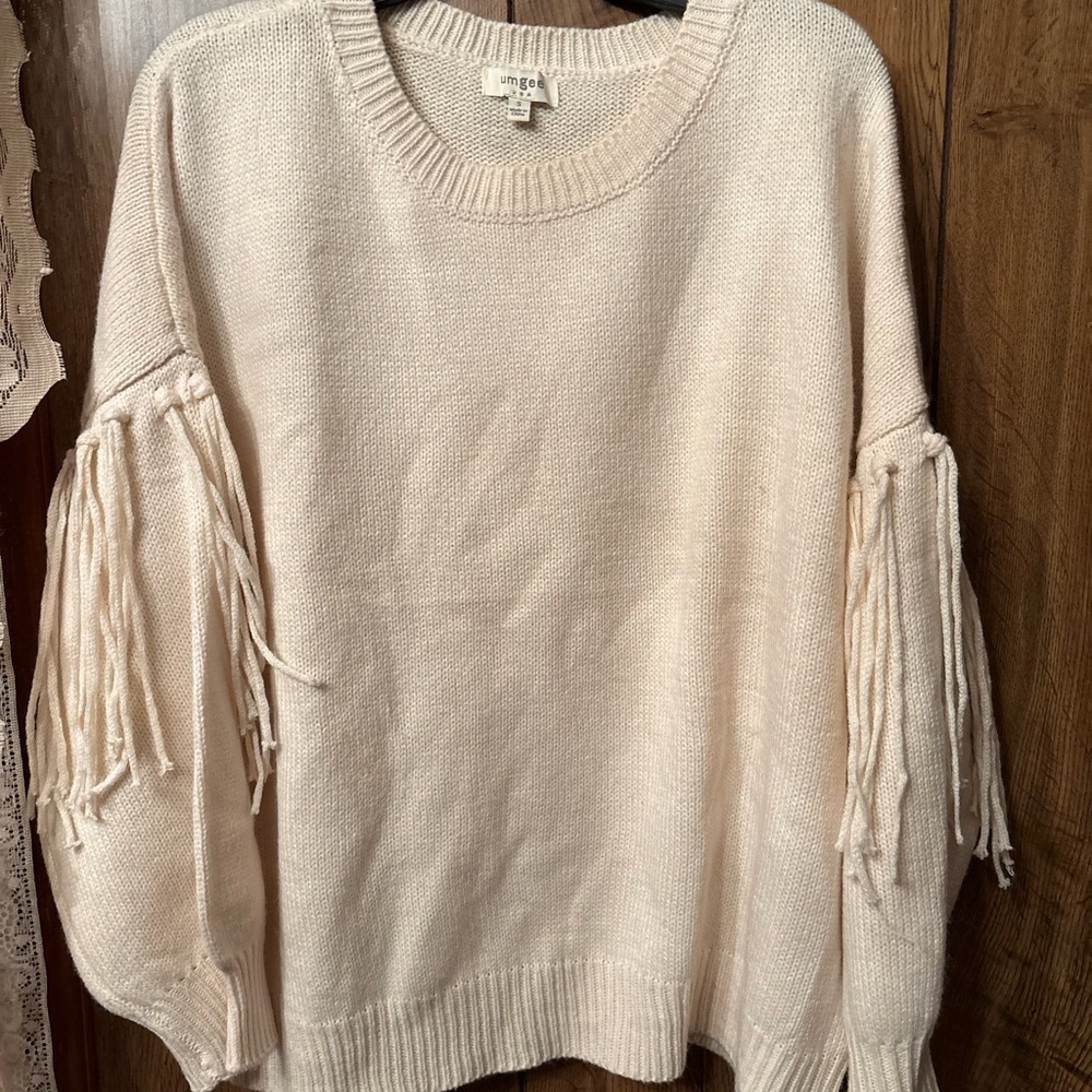 Umgee Cream Sweater with Fringe Sleeves